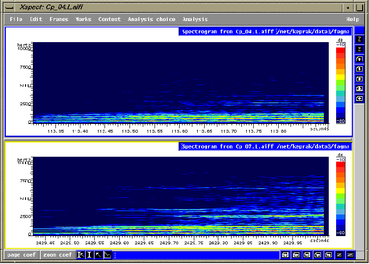 fig.3.2 Same example as figure 3.1 displayed with a spectrogram, showing the time element along the 'x' axis and frequency on the 'y'.  It is easily discernible that increased upper harmonic activity is present much sooner in the second window, after the ensemble has integrated the principle of la nota mentale into its singing.